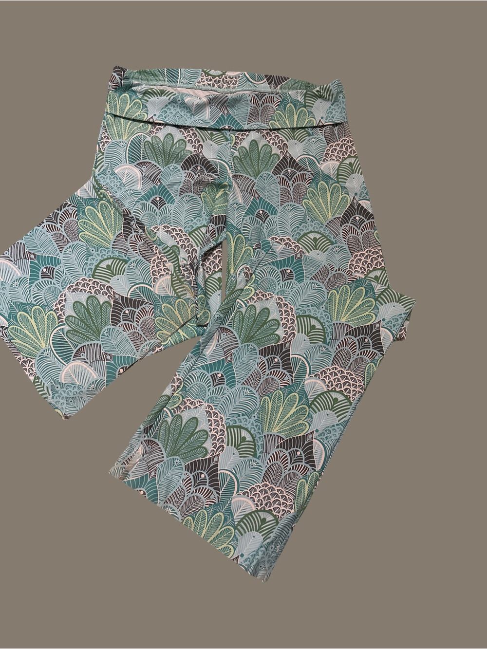 Helen Jon Seaside Wide-Leg Lounge Pants Green Teal Art Deco Fan Print L